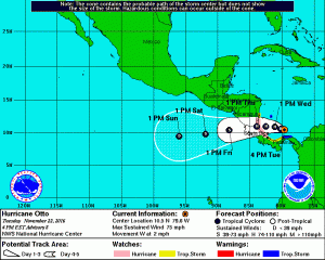 The latest official forecast track and current warnings for Hurricane Otto from the National Hurricane Center.