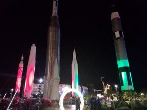 At night, the Rocket Garden is lit-up with the holidays in mind. However, the real star of the show is the Saturn B1 rocket in which the Holidays in Space show is projected onto and around.