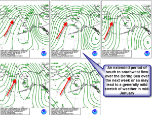 The 4-8 day forecast for Alaska from NOAA's Weather Prediction Center shows an extended period of south to southwest flow that may lead to an extended mild stretch of weather for much of the Eastern US.