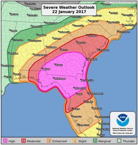 The area in hot pink is a high-risk area for large tornadoes and tornadoes that may make long tracks. This is an extremely dangerous and rare weather event and residents in the shaded areas should prepare for life-threatening conditions.