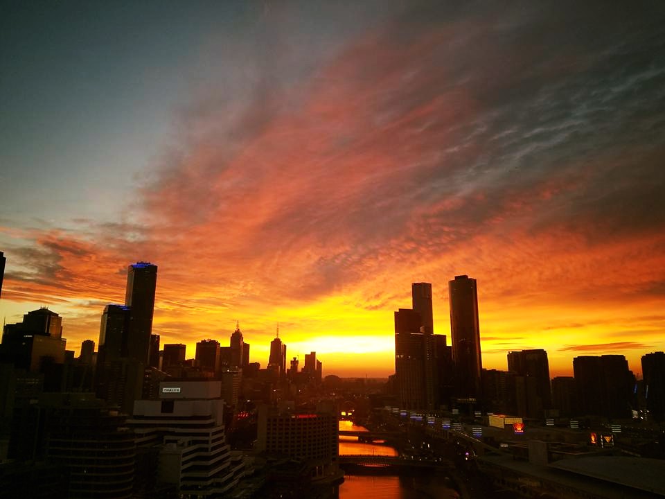 A Weatherboy team meteorologist captured this sunrise image in Melbourne, Australia; the colorful sky matched the forecast for such from SunsetWx.