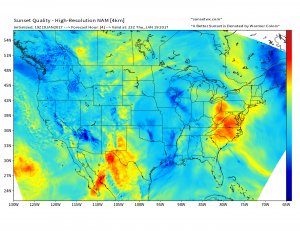 National sunset forecast graphic. The warmer colors indicate better sunset viewing conditions. Credit: SunsetWx.com