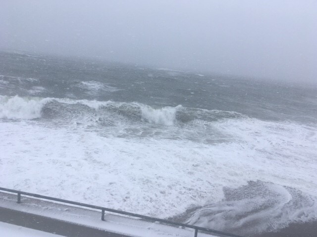 Winthrop Beach from the sea wall looking east. Visibility obscured by heavy snow, East wind 40 mph. Photo: Weatherboy