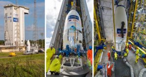 Vega’s payload fairing containing Sentinel-2B is transferred to the Spaceport’s ZLV launch site (at left, and center) for installation atop the launcher (at right) during activity in the mobile gantry’s upper level. Photo: Arianespace