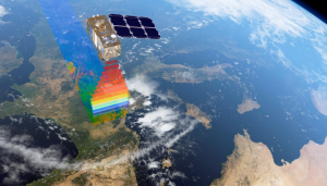 Graphic illustrating a Sentinenal Earth-observing satellite scanning above the Earth's surface. Source: ESA