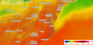 Temperatures in the 90s and 80s will stretch up the eastern United States once a slow-moving low pressure system departs. Image: Weatherboy.com