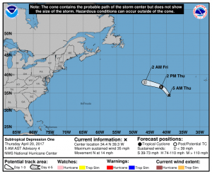 Morning forecast track of the system from the National Hurricane Center.