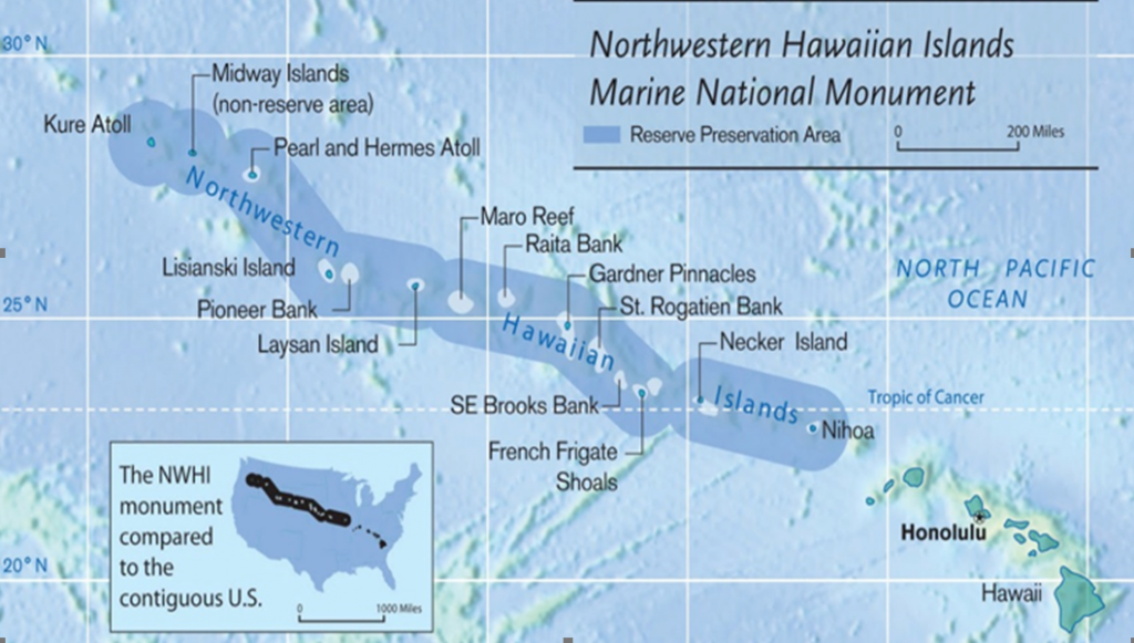 Map provided by NASA shows reef near Hawaii; inset shows size of the marine monument to the continental United States.