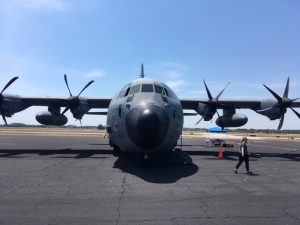 The twin propellers of the Lockheed WC-130 J aircraft can power through strong tropical cyclones. Photograph: Weatherboy