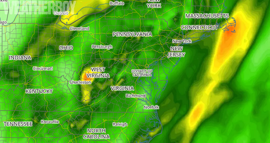 Heavy precipitation will drench portions of the east coast over the next 72 hours. Dark green represents 2" rain while orange reflects 3". Map: Weatherboy.com