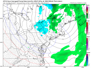 The American GFS forecast model continues to suggest snow for parts of the northeast over the chilly upcoming weekend. This panel shows expected conditions at the surface for late Sunday night. Image: TropicalTidbits.com
