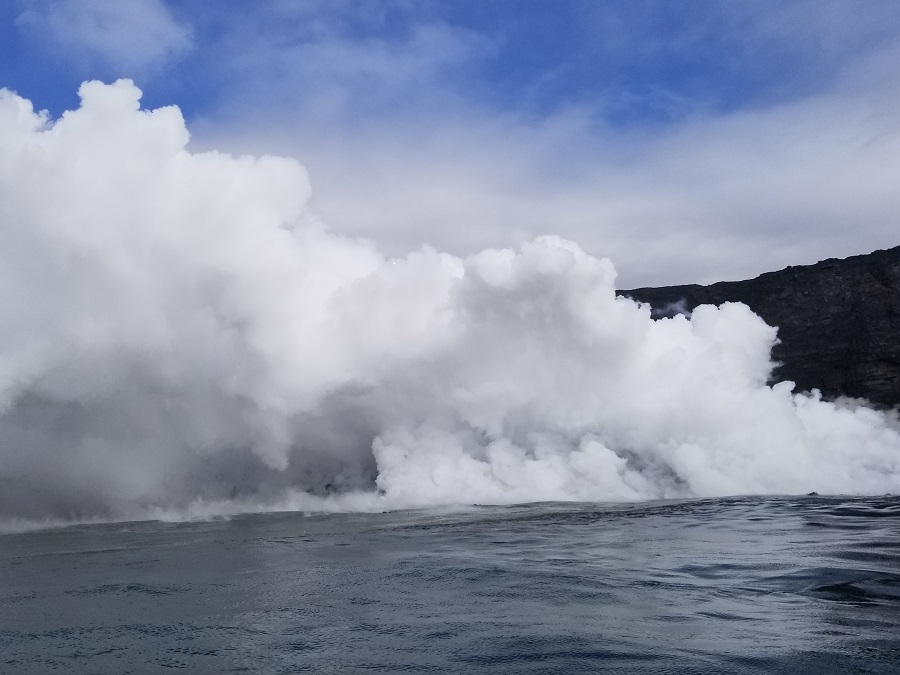 Large cloud rises from the ocean at the point lava enters it in Hawaii. May 2017 Photograph: Weatherboy