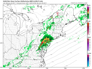 Short-duration, high-resolution computer forecast model RADAR simulation shows an area of heavy rain moving through the Mid Atlantic early Saturday morning. Map: TropicalTidbits.com