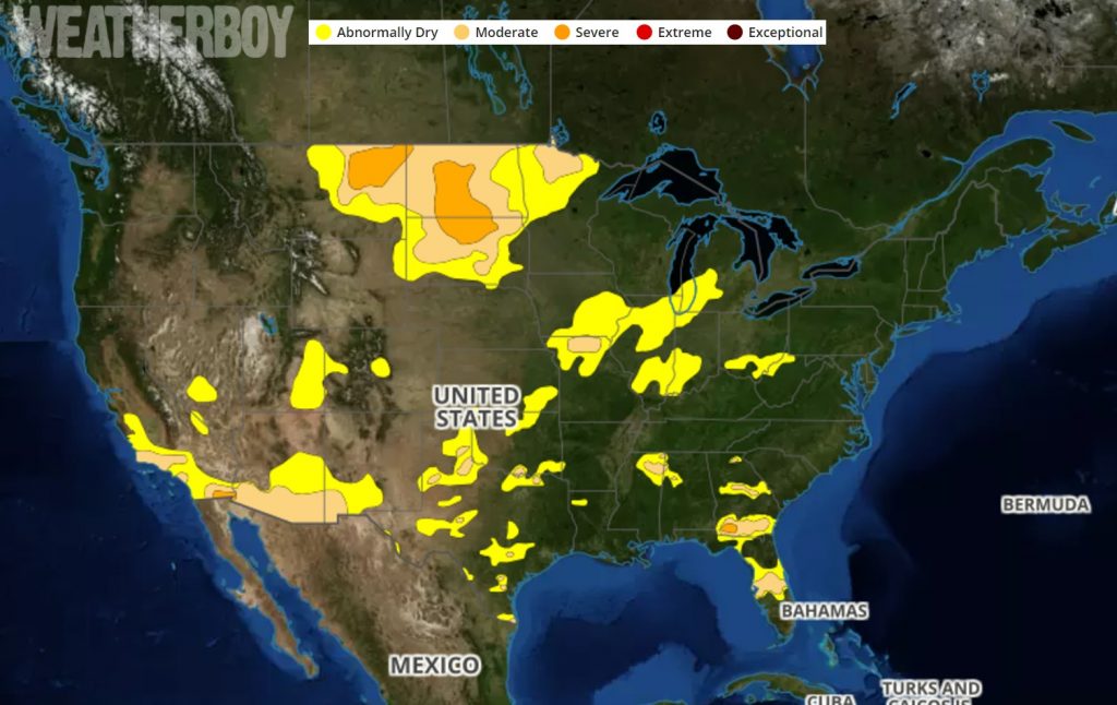 Drought Monitor map this week shows significant improvements in the southeastern US. Map: Weatherboy.com
