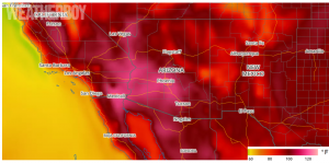 Forecast temperature map shows readings into the 110s and 120s again for some in the southwest today. Map: weatherboy.com