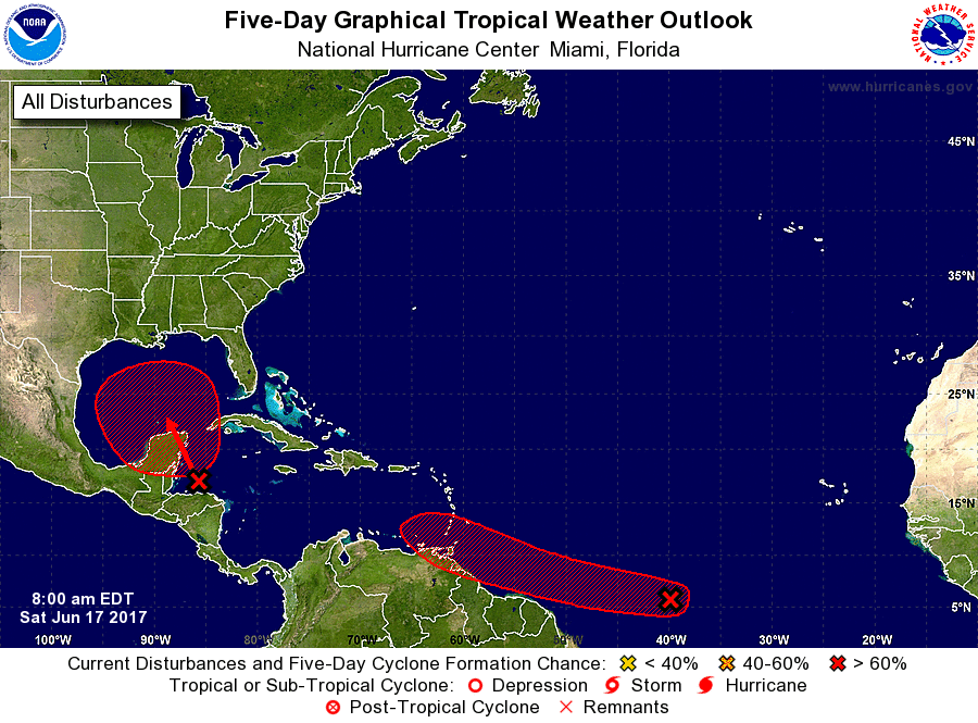 The National Hurricane System is tracking two areas of disturbed weather that are likely to become tropical cyclones over the next 5 days. Image: NHC