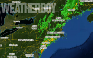 RADAR shows a line of potent storms clearing the coast in the Mid Atlantic.  Image: weatherboy.com