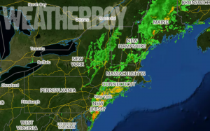 RADAR shows a line of potent storms clearing the coast in the Mid Atlantic. Image: weatherboy.com