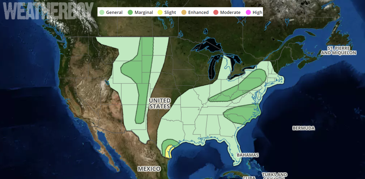 Today's Convective Outlook shows a few areas of severe thunderstorm concern over the United States. Map: Weatherboy.com