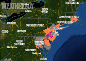 Excessive Heat Warnings (purple), Heat Advisories (orange), and Air Quality Alerts (gray) are in in effect in portions of the Eastern US today. Map: weatherboy.com 