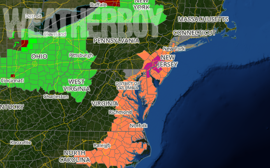 The National Weather Service has issued Excessive Heat Warnings (purple) and, Heat Advisories for the heavily populated I-95 corridor today. Air quality advisories (gray) are up too, while a line of showers and storms is producing flood-related advisories in green/red in western Pennsylvania and upstate New York.. Map: weatherboy.com