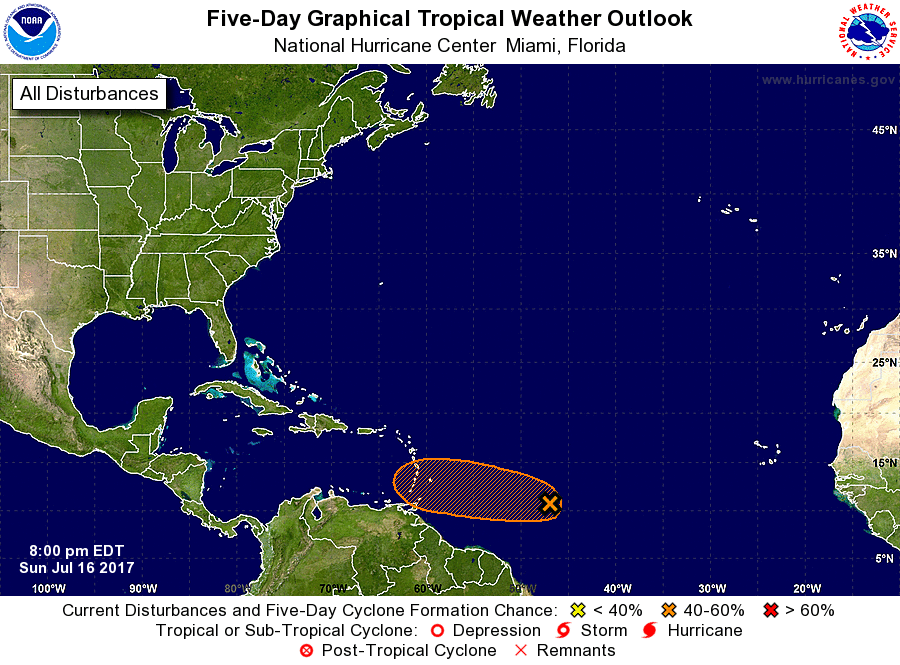 The current five day outlook for the Atlantic Hurricane basin. Map: National Hurricane Center