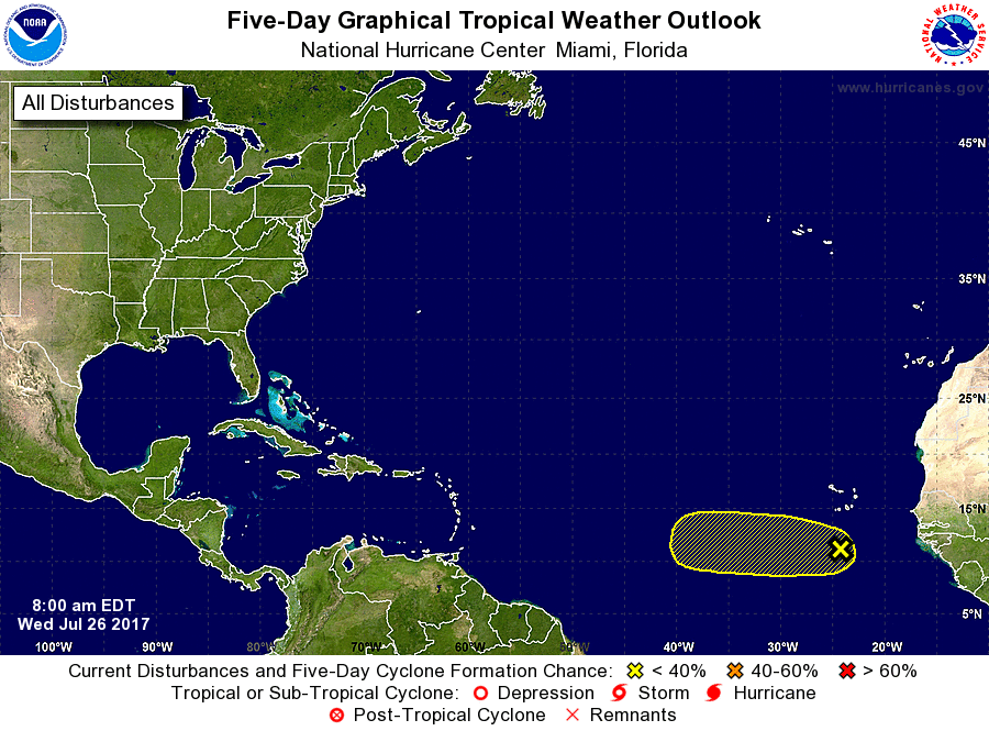 Latest five-day outlook from the National Hurricane Center for the Atlantic Hurricane Basin. Map: NHC