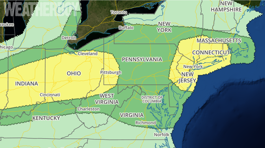 The National Weather Service's Storm Prediction Center has outlined areas in yellow where there's an increased risk of severe weather today. Map: weatherboy.com