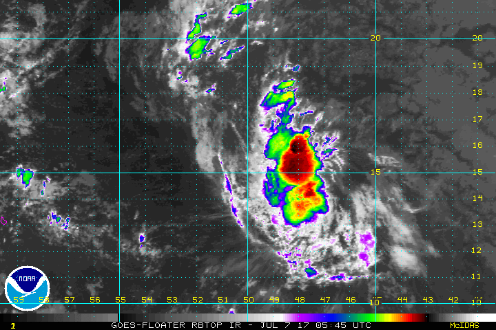 Tropical Depression #4 spins about in the open Atlantic early on July 7. Image: NOAA