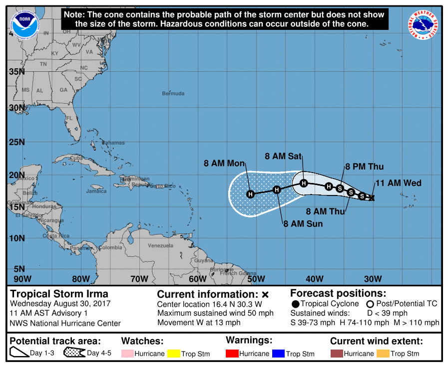 The first forecast map of Tropical Storm Irma from the National Hurricane Center. Image: NHC