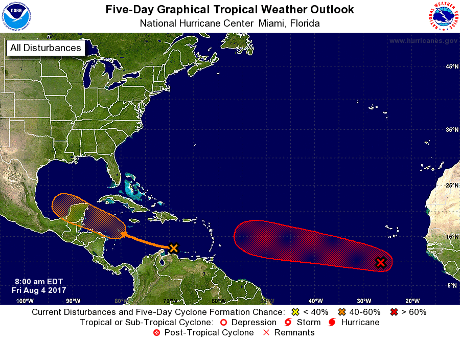 The five day outlook from the National Hurricane Center shows two areas of concern that may form a tropical cyclone in the coming days. Map: NHC