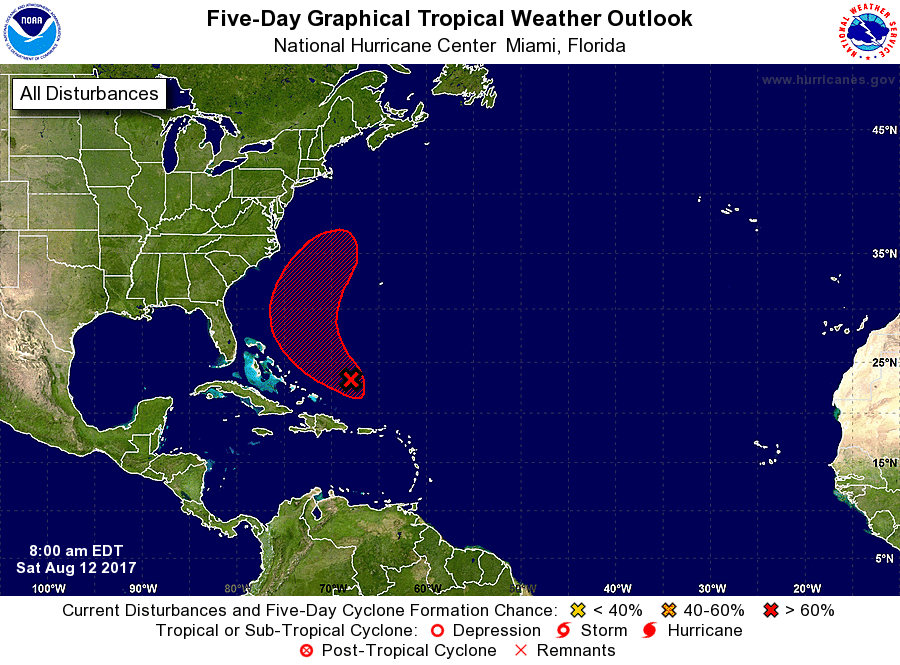 The current tropical outlook from the National Hurricane Center is tracking an area likely to become a tropical depression south and east of the US coast. Image: NHC