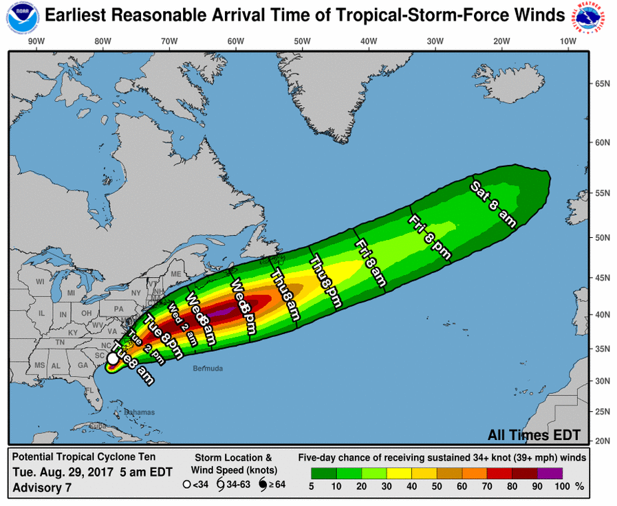 Potential Tropical Cyclone #10 is forecast to accelerate to the north and east over the next 48 hours. Image: NHC