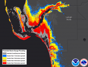 Last surge forecast from the National Hurricane Center shows a catastrophic surge in red covering Sanibel Island, Fort Meyers Beach, and large parts of Cape Coral. Here, the water could be deeper than 10' on land. Image: NHC