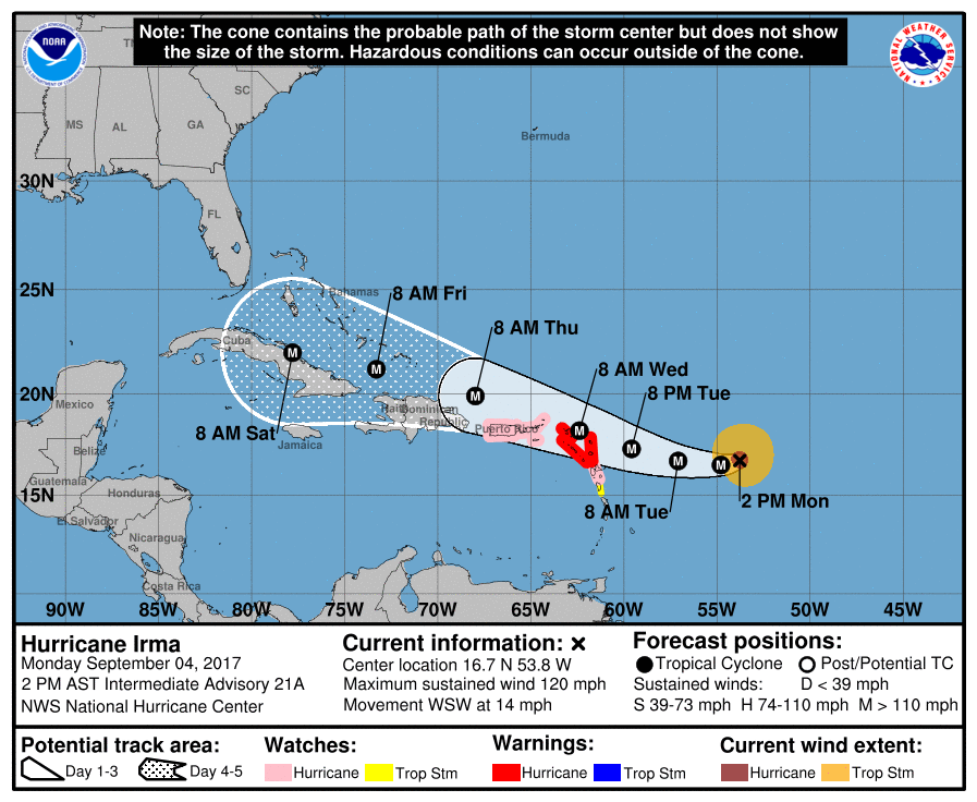 Forecast track for Major Hurricane Irma for the next 5 days from the National Hurricane Center. Image: NHC