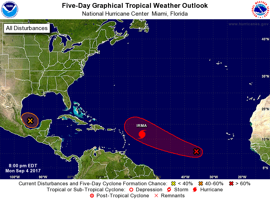 The National Hurricane Center is monitoring two areas for potential development this week. The first is in the far Atlantic and should follow where Irma is in the central Atlantic. The other is in the southern Gulf of Mexico. Image: NHC