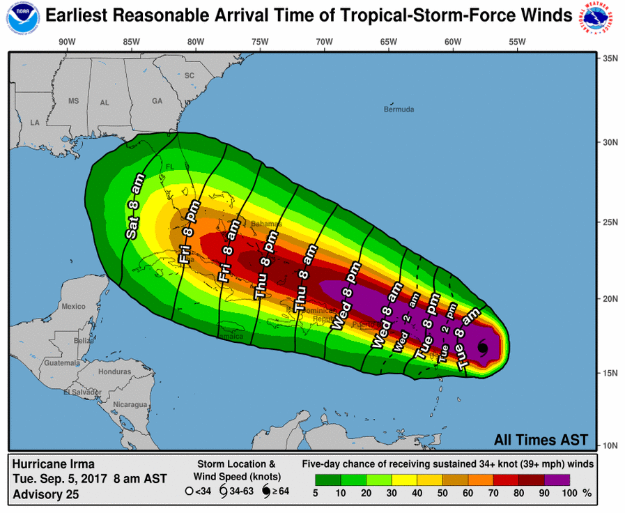 New product from the National Hurricane Center lets people know how soon tropical storm force winds could impact their area. Image: NHC