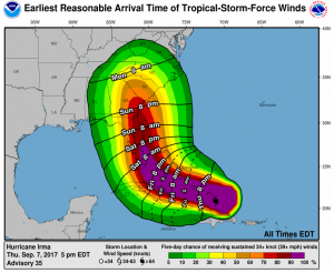 Approximate start times for tropical storm force winds, with the percent liklihood of seeing those winds in the shaded colors. Image: NHC