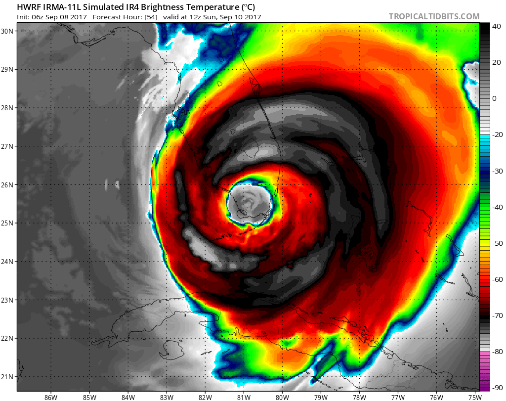 Simulated IR enhanced satellite photograph of what Major Hurricane Irma could look like late Saturday evening. Image: tropicaltidbits.com