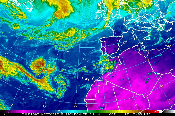 Satellite view of the eastern Atlantic Ocean, with Africa and Europe visible. Image: EUMETSAT METEOSAT9
