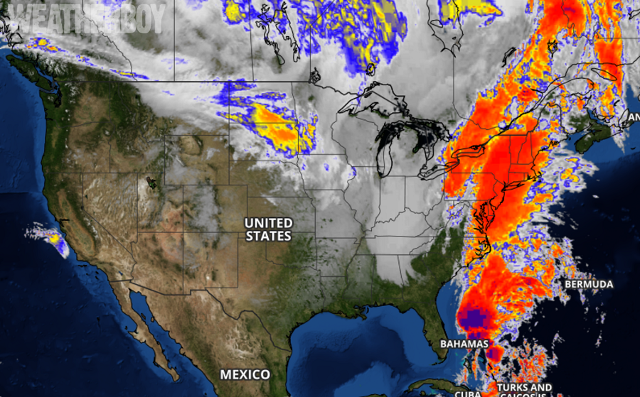 Current satellite view shows Philippe and frontal system joining forces along the US East Coast at this hour. Image: weatherboy.com
