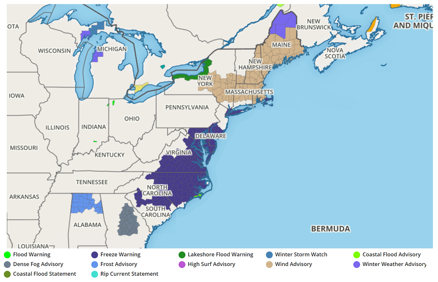 The National Weather Service has issued Freeze Warnings for portions of New York, New Jersey, Delaware, Maryland, Virginia, North Carolina, and South Carolina, where the growing season will likely come to a close. Image: Weatherboy.com