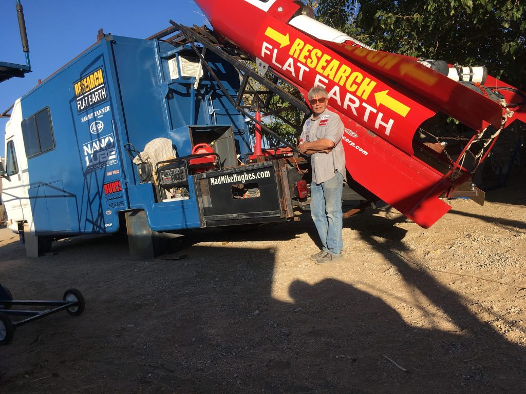 "Mad" Mike Hughes stands next to the rocket he built; he plans to launch a mile over Earth this Saturday, November 25, 2017.
