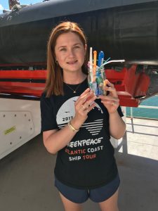 Bonnie Wright, known by the character "Ginny Weasley" she plays in Harry Potter films, is with the Arctic Sunrise on the tour and helping with the cleanups. Photo: Weatherboy