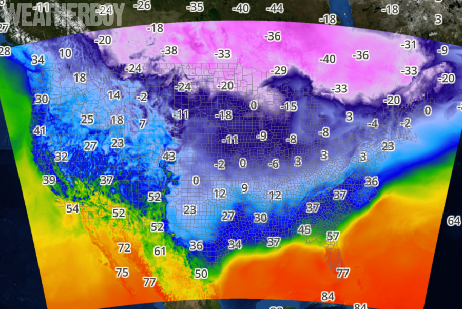 Winds are making it feel much colder than it actually is in a large part of the country. As an Arctic high dips further south, the winds should relax tonight and tomorrow helping moderate the apparent temperature outside. Image: Weatherboy