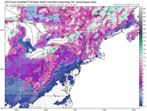 The American GFS model suggests a few systems will put down accumulating snow in the northeast between later this week into the middle part of next week. Image: tropicaltidbits.com