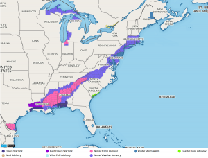 Winter Storm Watches and Warnings and Winter Weather Advisories have been posted in the eastern United States for the ongoing winter storm threat. Map: weatherboy.com