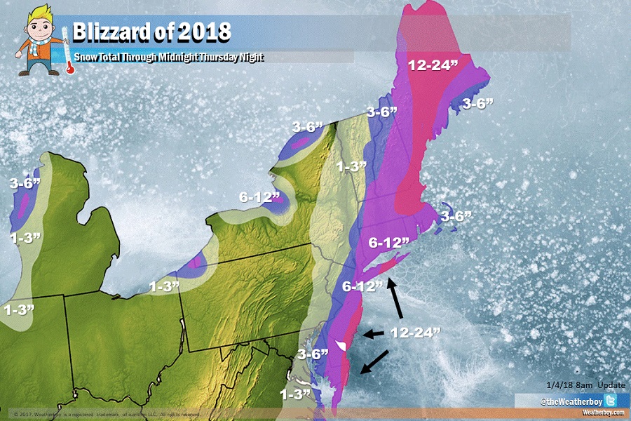 Heavy snow, in excess of 1 foot, is expected in the red areas on the map. Image: Weatherboy