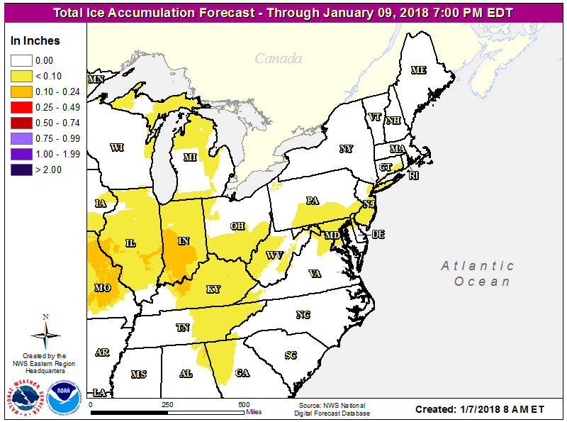 An accumulation of ice is expected in the yellow area on Monday, with significant accumulations possible in the orange areas. Image: NWS