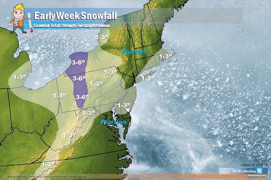 Light snow is forecast to fall into tomorrow; these are storm total amounts. Generally 1-2" is possible, with isolated 3-4" in the heavier bands. Image: Weatherboy